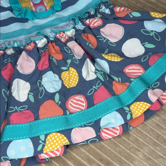 Matilda Jane Pink and Blue Striped Dress with Fruit design on skirt size 2 - Picture 3 of 5